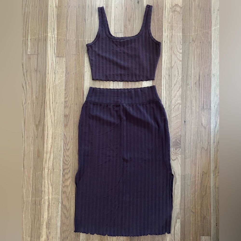 Aerie OFFLINE Brown Ribbed Crop Tank & Midi Skirt Set